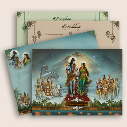 Blue Lord Shiva Parvathi Padded Wedding Invitation Card - KRB10780