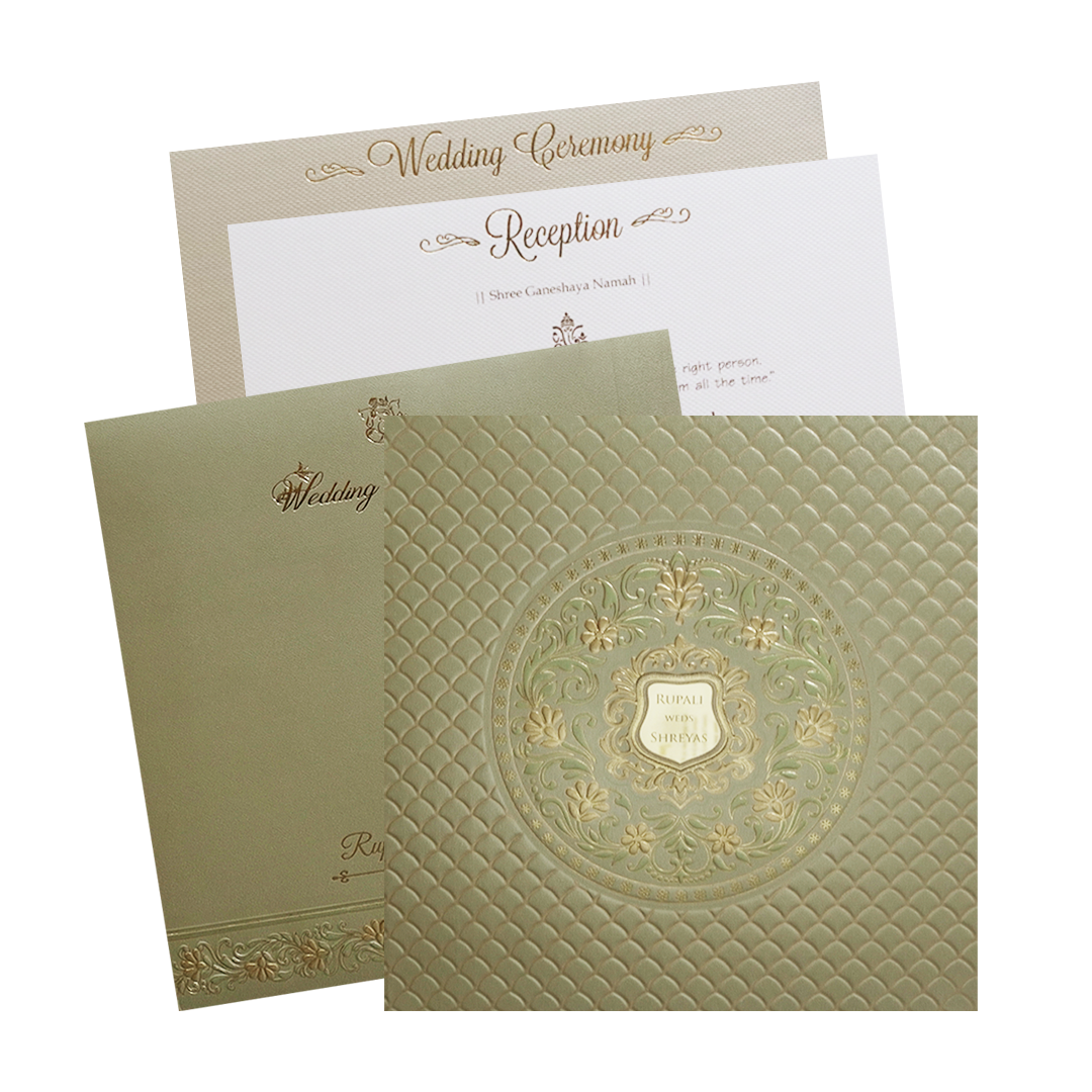 Beige Green Floral Padded Gold Embossed Wedding Card-KMMWD1103