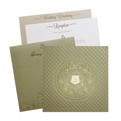 Beige Green Floral Padded Gold Embossed Wedding Card-KMMWD1103