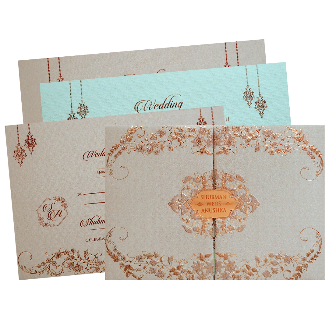 Royal Cream Embossed Gold Foil Wedding Invitation Card - KRB09750