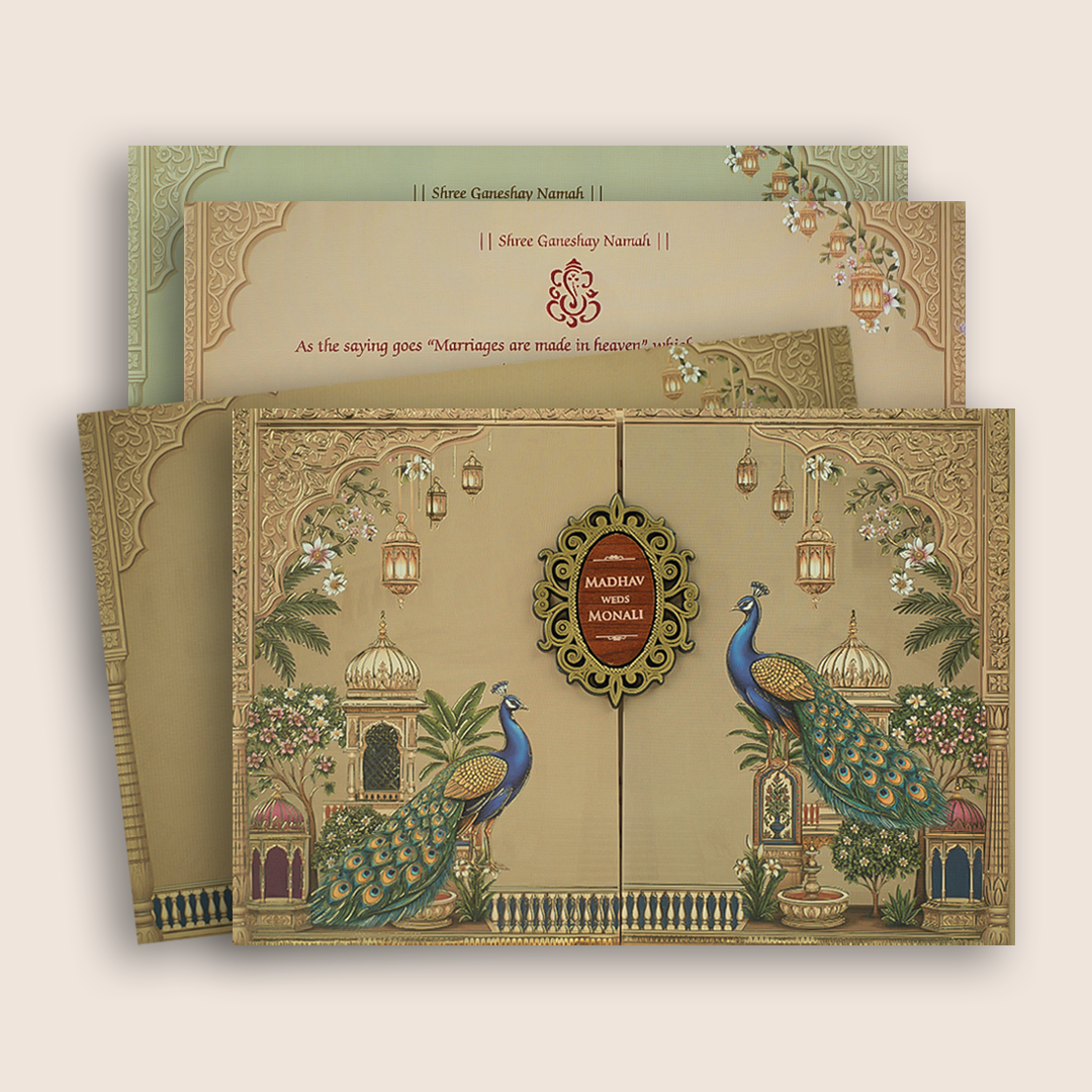 Beige Floral Padded Door Style Wedding Card - KJTS3693