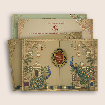 Beige Floral Padded Door Style Wedding Card - KJTS3693