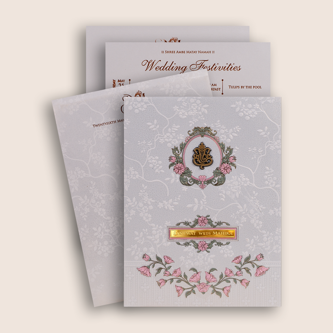 Light Ivory Floral Padded Wedding Invitation Card - KRE29120