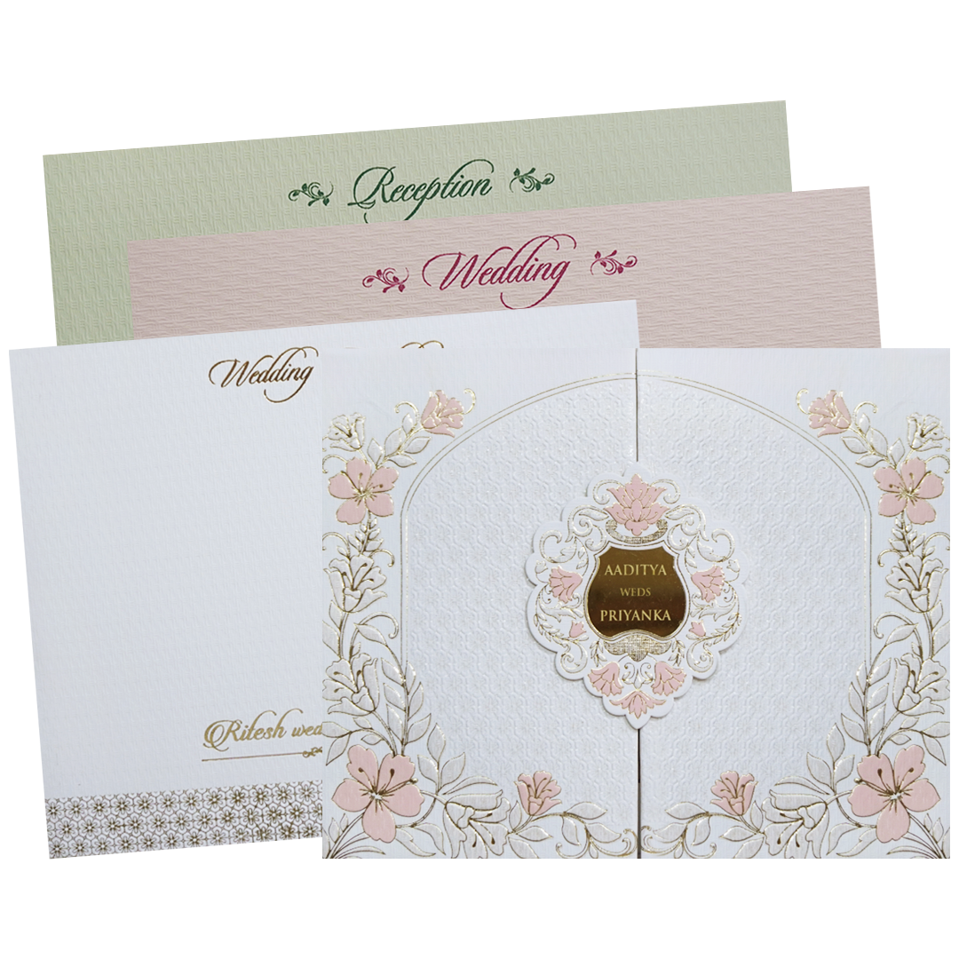 White Gatefold Padded Floral Wedding Card-KMMWD1112