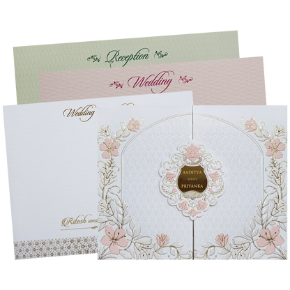 White Gatefold Padded Floral Wedding Card-KMMWD1112