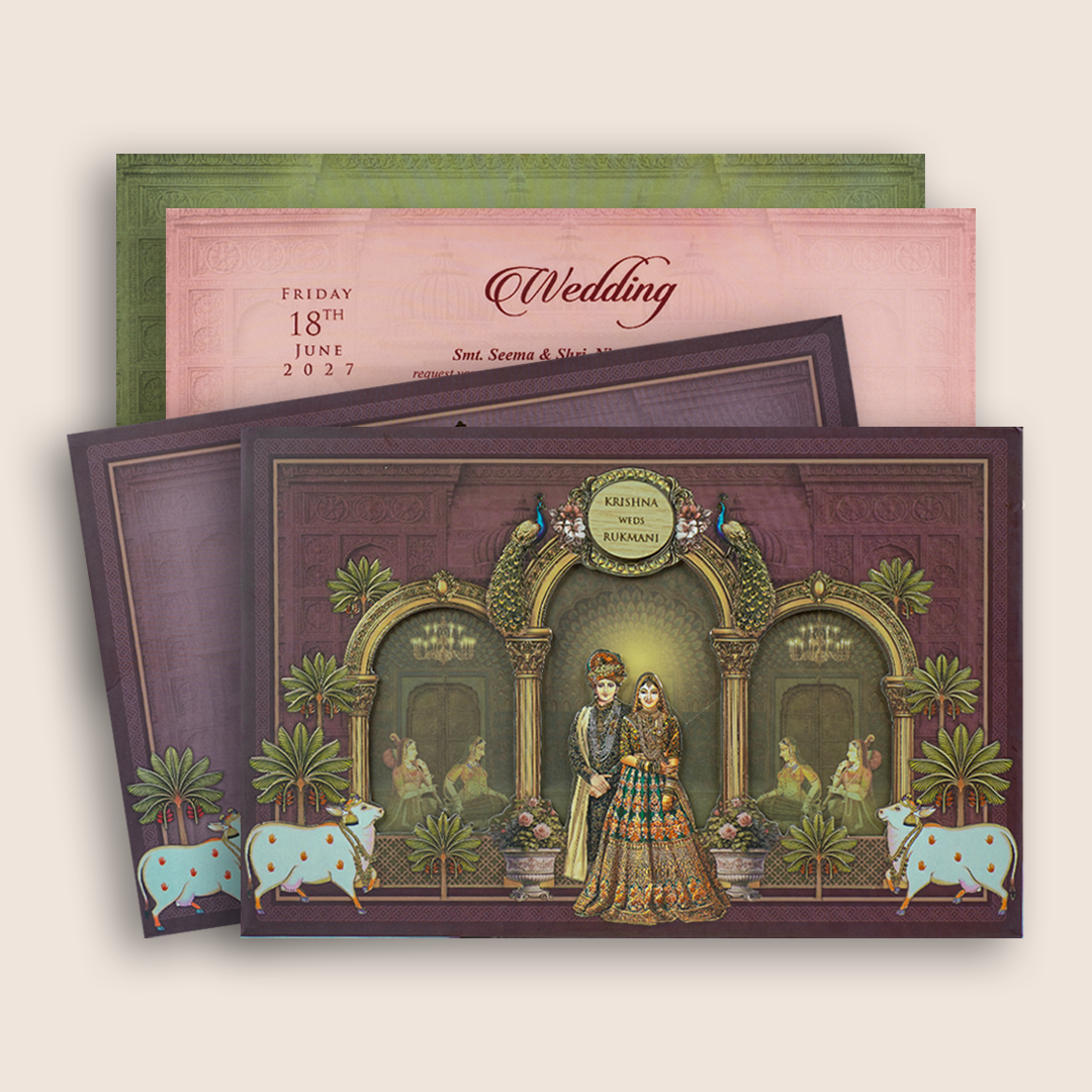 Purple Kamadhenu Royal Bride Groom Laser Cut Padded Invitation Card - KJTS1917