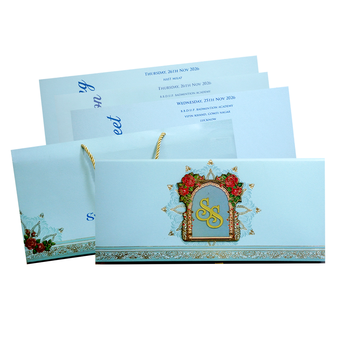 Pastel Blue Floral Arch Luxe Wedding Card-KPR24860