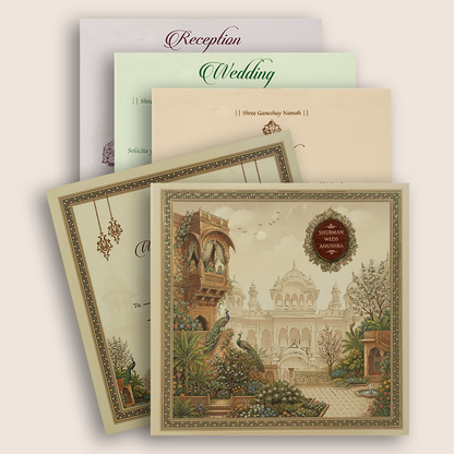 Beige Royal Palace Padded Wedding Invitation Card - KRB10760