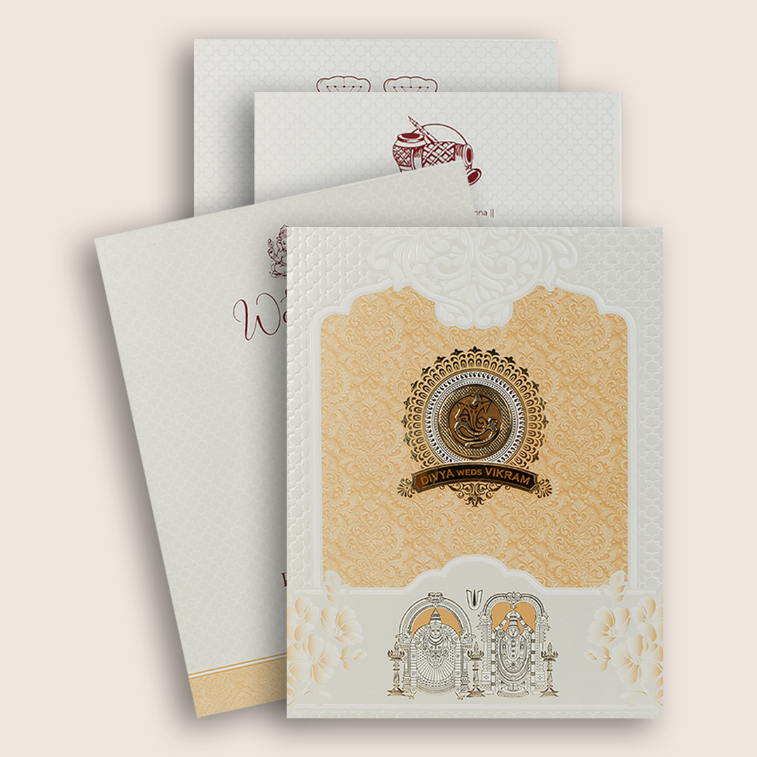 Yellow Embossed Balaji Padmavathi Padded Wedding Card - KNMS9310