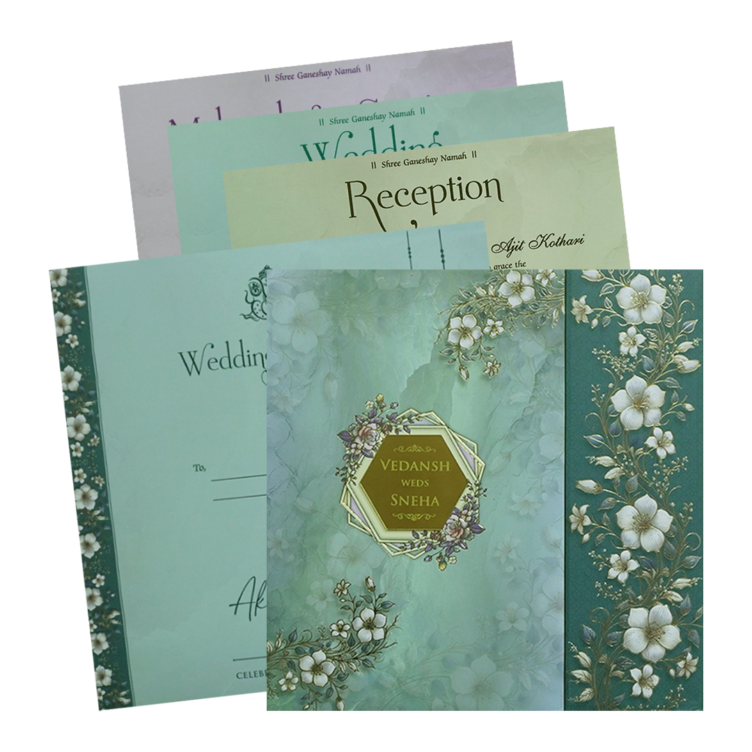 Blue Floral Padded Wedding Card - KSH72840