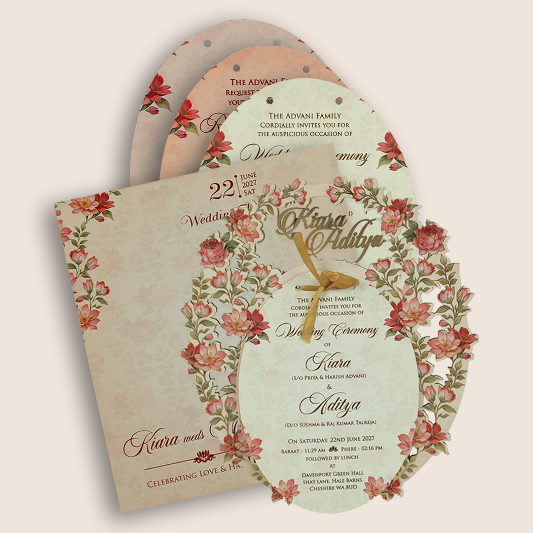 Peach Floral MDF Laser Cut Wedding Card - KFR17010