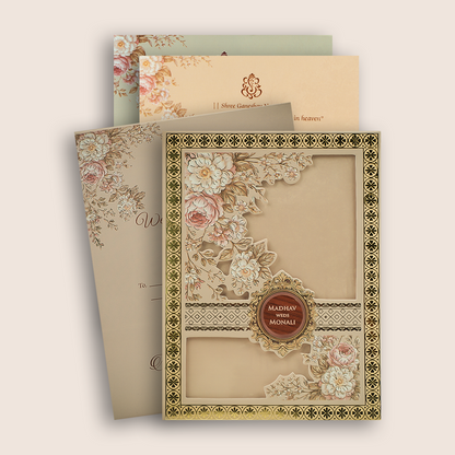 Cream Floral Laser Cut Padded Wedding Card - KJTS3701