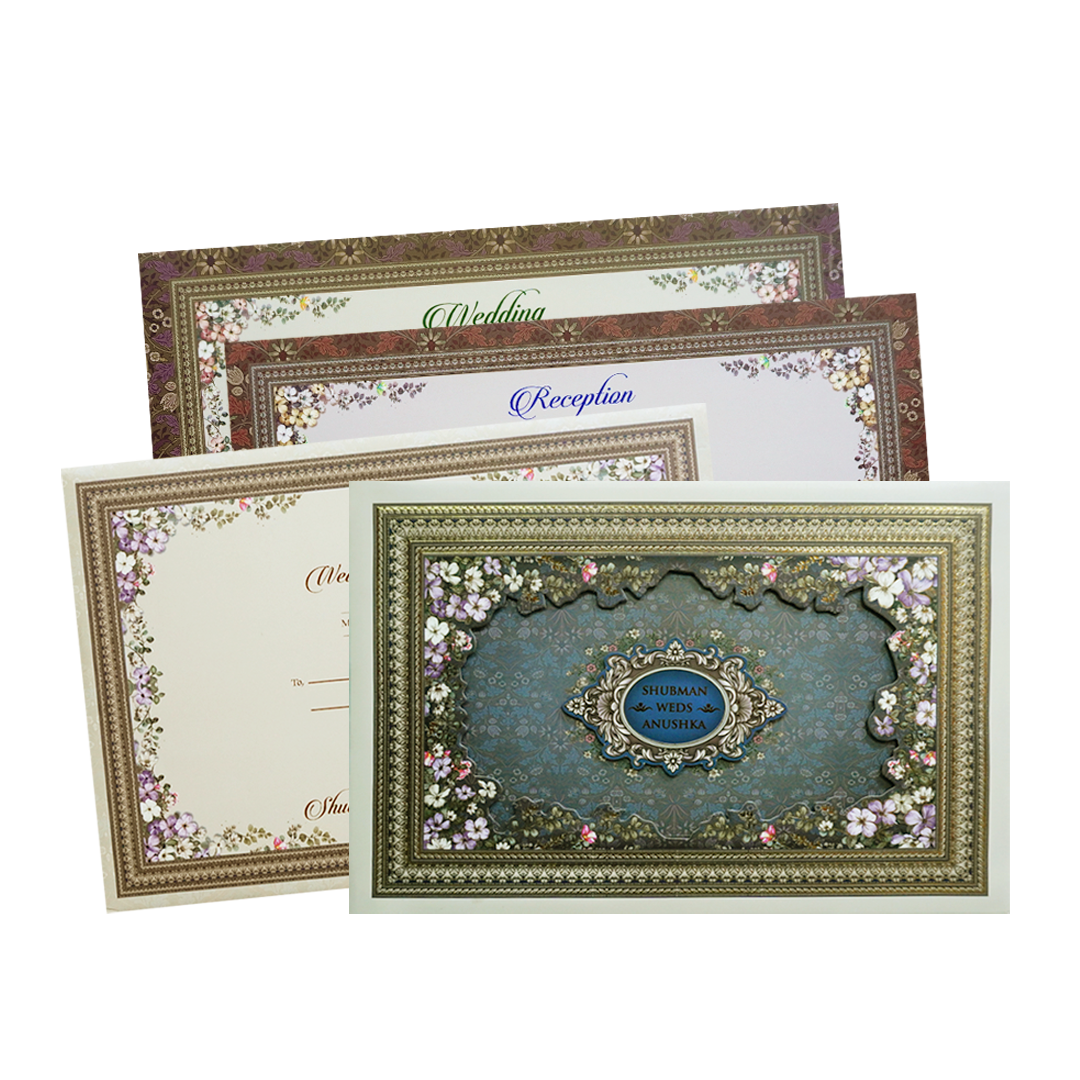 Grey Padded Embossed Floral Cutout Wedding Invitation Card-KRB09630