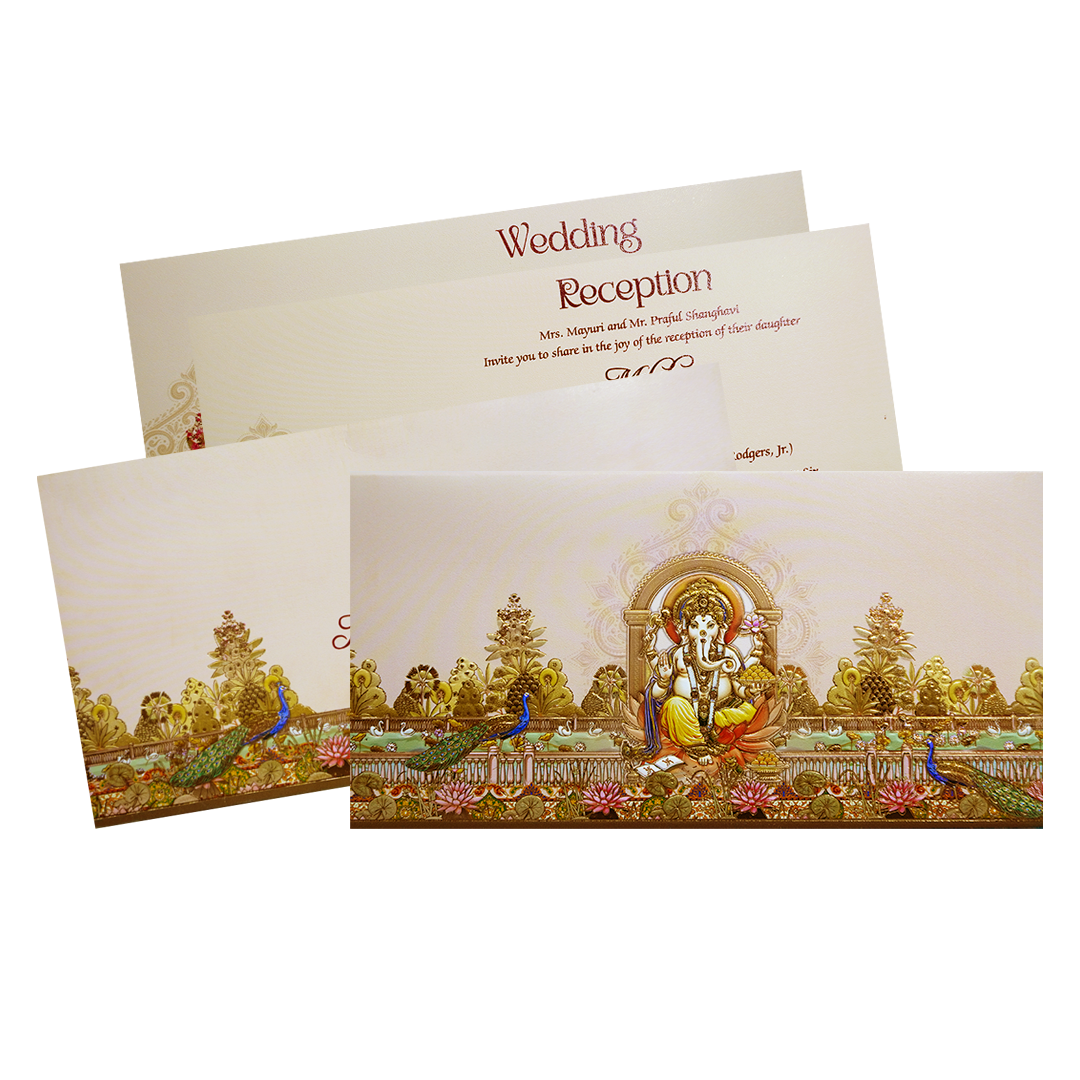 Shop Pink Embossed Ganesha Boxed Type Wedding Card with 3 colorful inserts. ?WhatsApp Support ?Express Delivery.