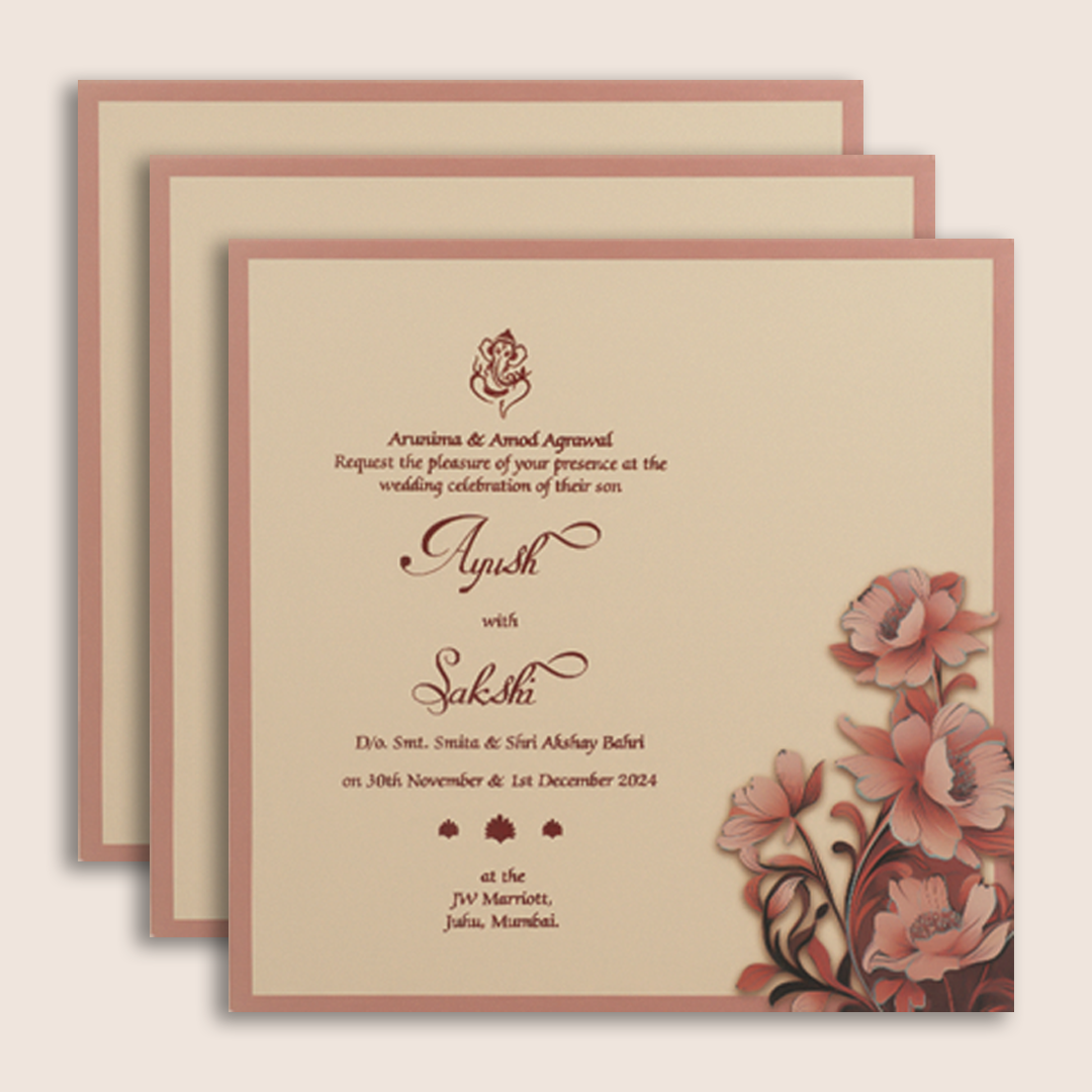 Beige Floral Laser Cut Padded Invitation Card - KPR024800