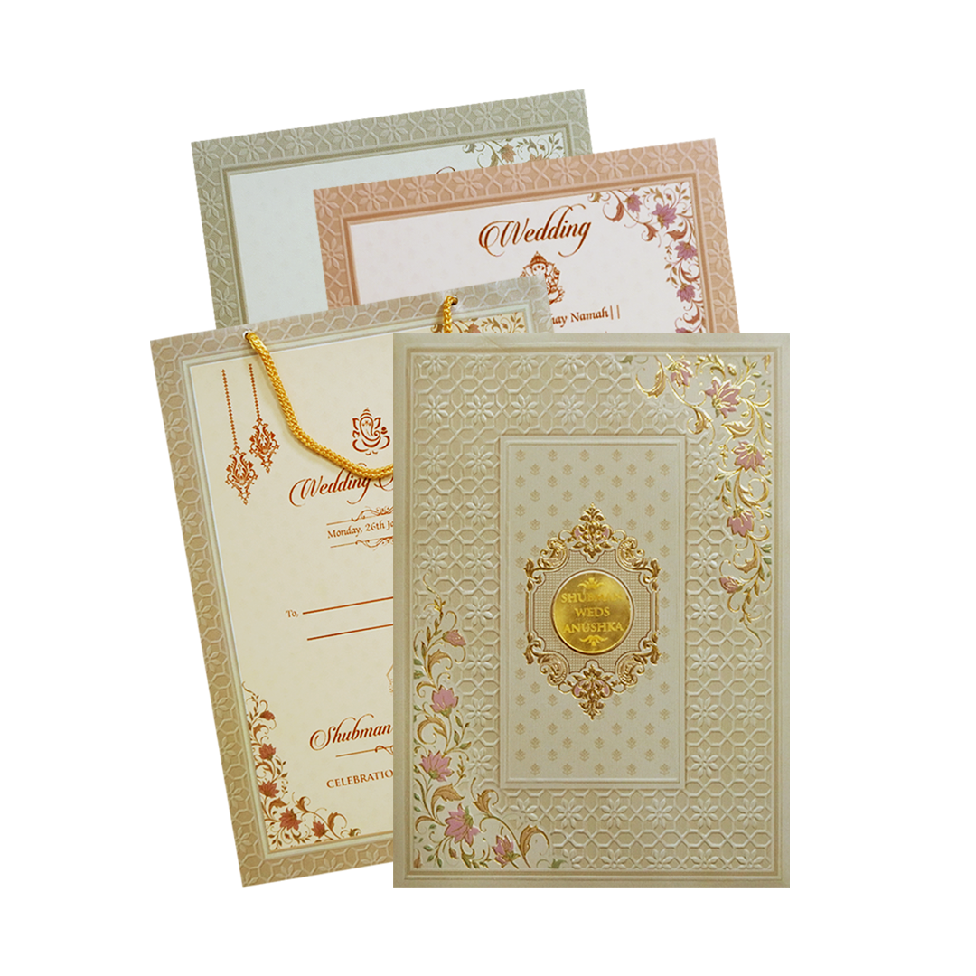 Cream Padded Embossed with Bag Wedding Invitation Card-KRB09560