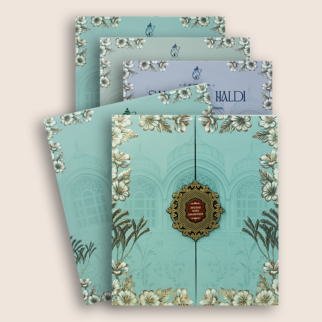 Blue Floral Door Style Wedding Card - KVN08000