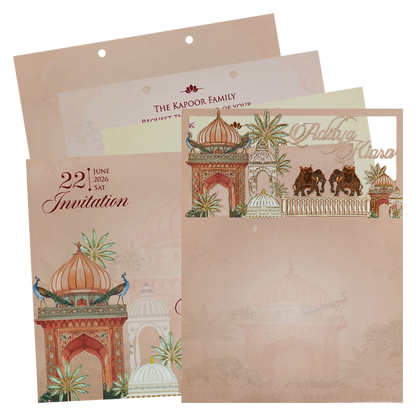 Check out Peach Palace Elephant Baraat Wedding Cards at best price. ?WhatsApp Support ?Express Delivery.