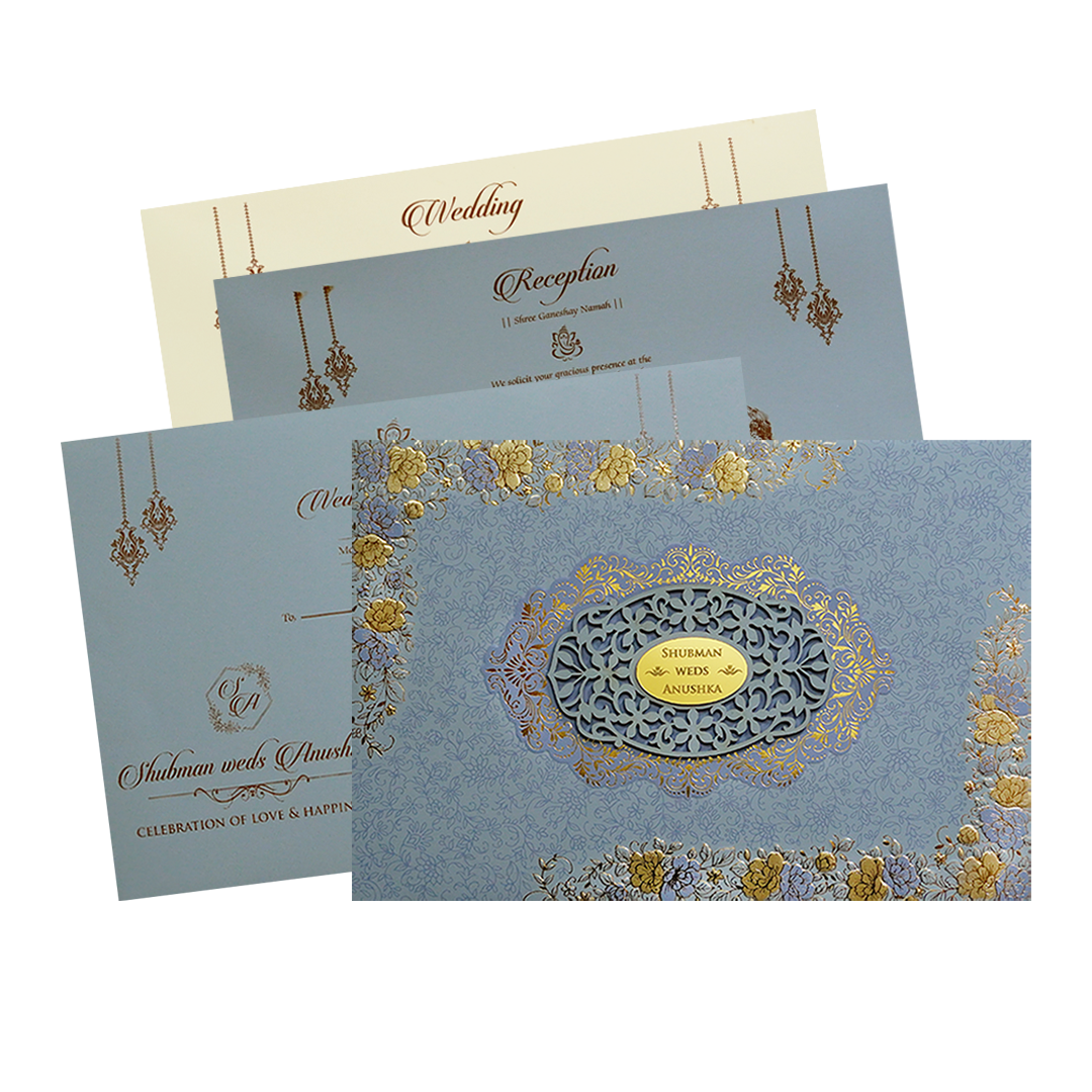 Grey Padded Embossed Floral Wedding Invitation Card-KRB09790