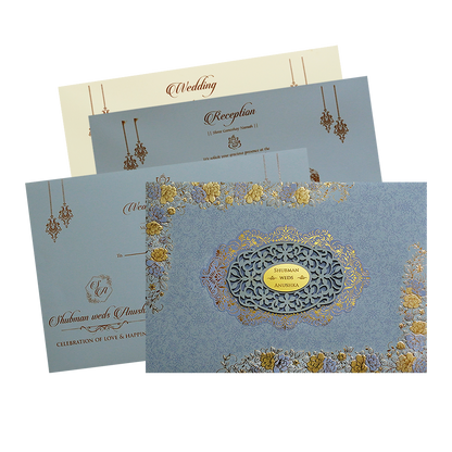 Check out Grey Padded Embossed Floral Wedding Invitation Card at best price. ?WhatsApp Support ?Express Delivery.