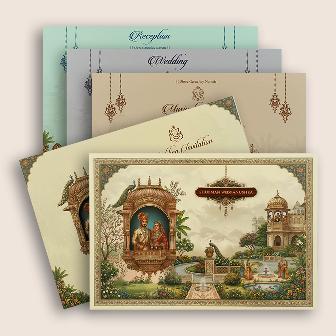 Cream Bride Groom Jharokha Padded Wedding Card - KRB10720