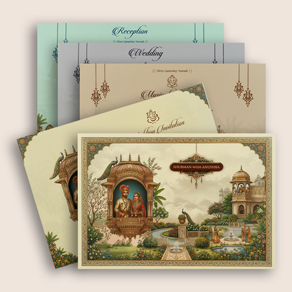 Cream Bride Groom Jharokha Padded Wedding Card - KRB10720