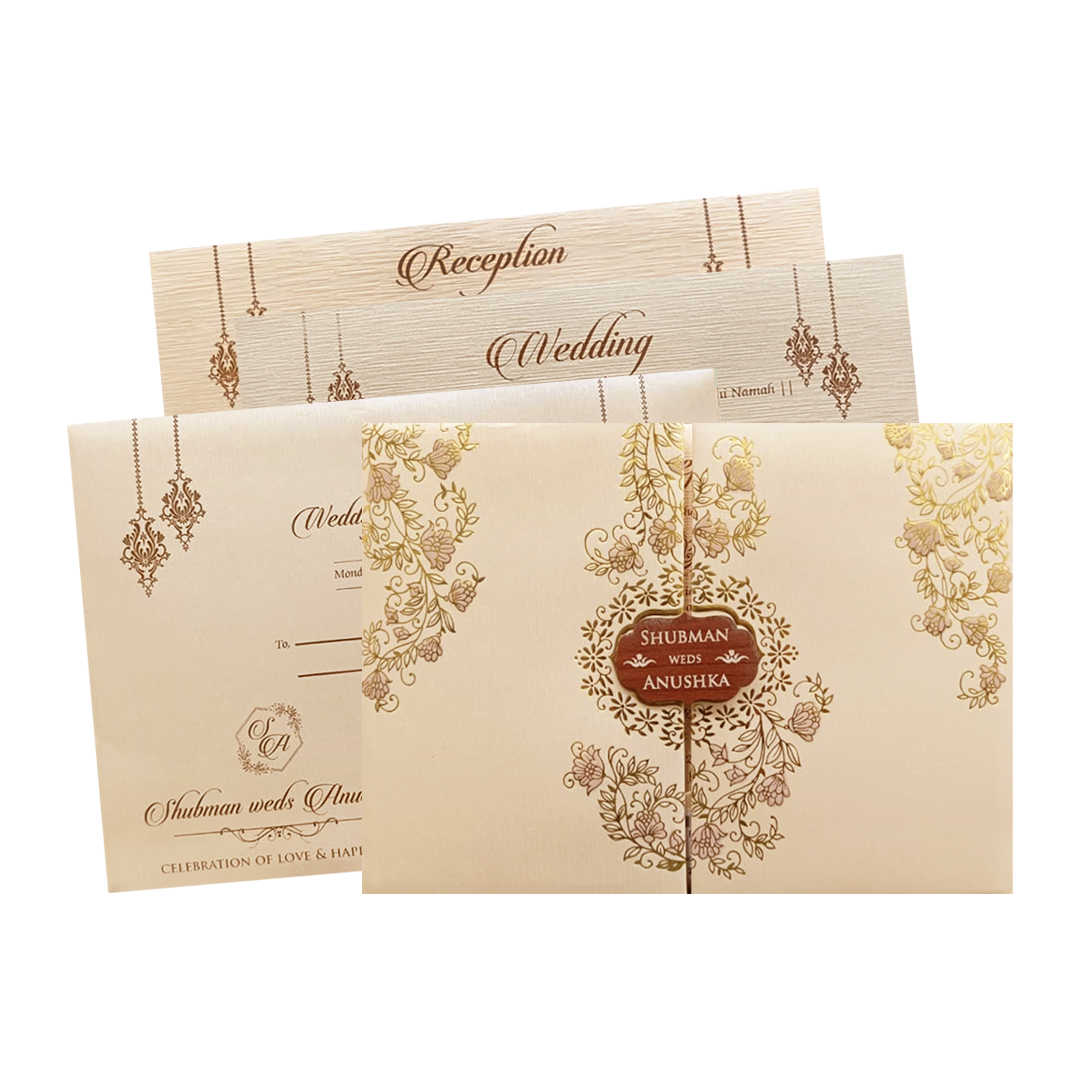 Ivory Padded Embossed Floral Wedding Invitation Card-KRB09710