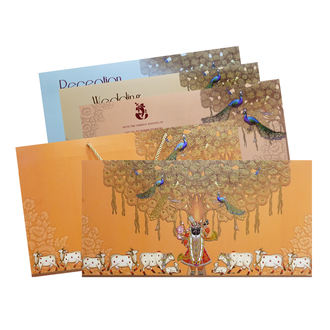 Check out Orange Shrinathji Peacock Wedding Invitation Card at best price. ?WhatsApp Support ?Express Delivery.