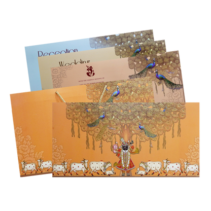 Check out Orange Shrinathji Peacock Wedding Invitation Card at best price. ?WhatsApp Support ?Express Delivery.