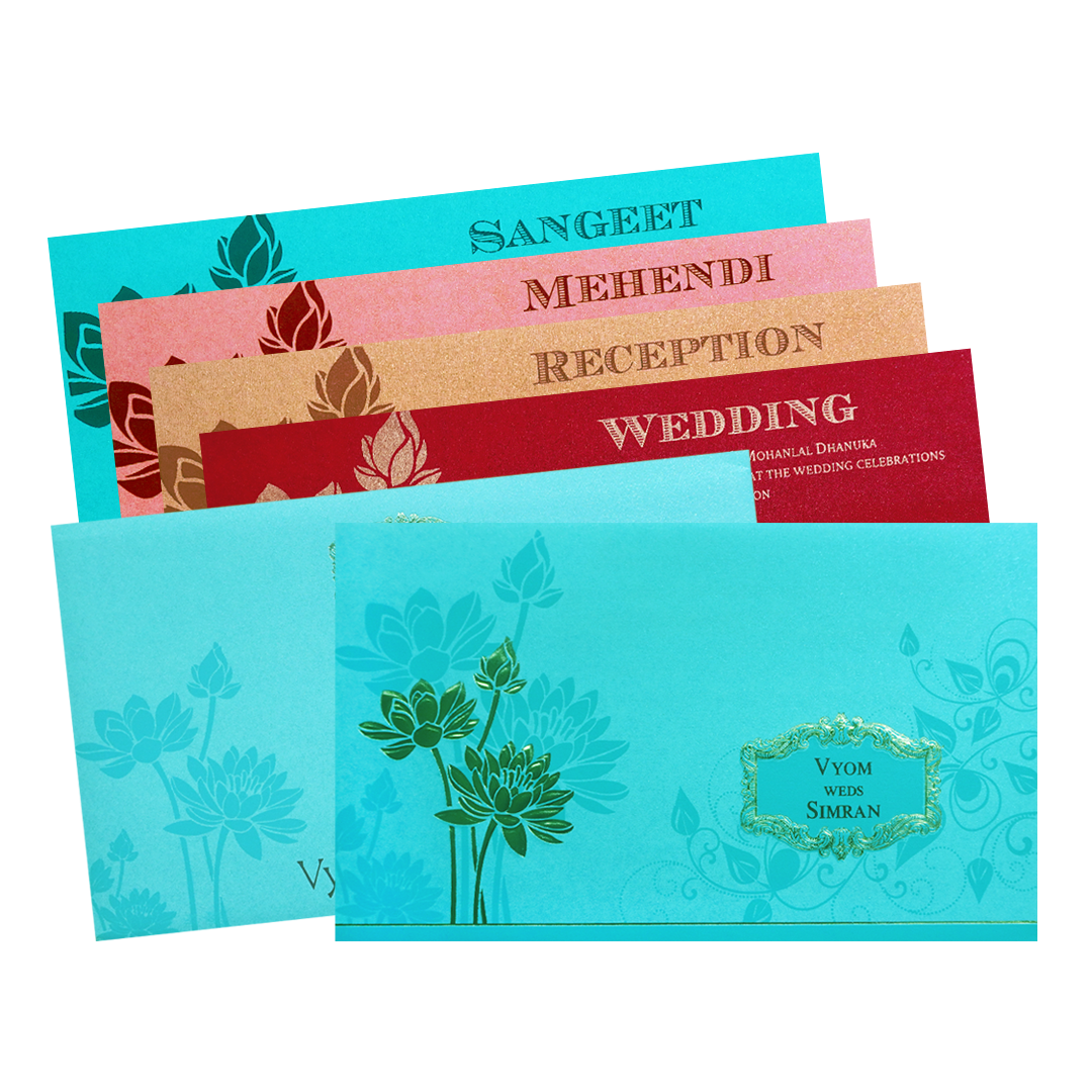Blue Gold Embossed Lotus Wedding Invitation Card-KPR06340