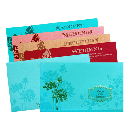 Blue Gold Embossed Lotus Wedding Invitation Card-KPR06340