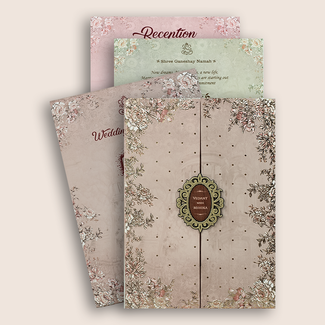 Blush Pink Floral Padded Door Style Wedding Card - KVN07080
