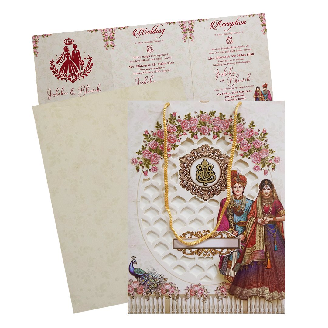 Cream Floral Ganesha Double Door Wedding Card - KSH73220