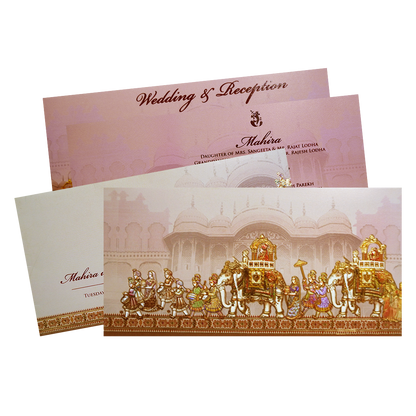 Shop Beige Royal Elephant Procession Boxed Wedding Card with 3 colorful inserts. ?WhatsApp Support ?Express Delivery.