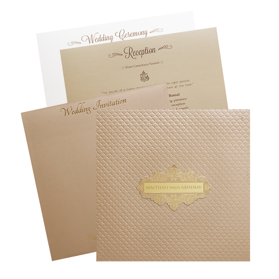 Beige Cream Floral Embossed Padded Wedding Card-KMMWD1128