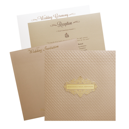 Beige Cream Floral Embossed Padded Wedding Card-KMMWD1128