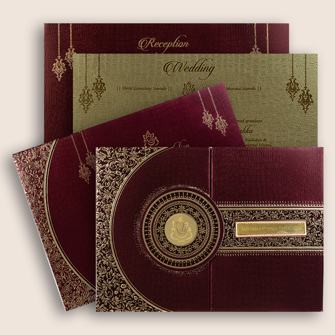 Wine Embossed Floral Door Style Padded Wedding Card - KRB10470