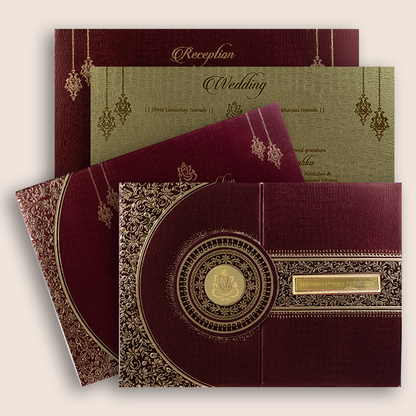 Wine Embossed Floral Door Style Padded Wedding Card - KRB10470