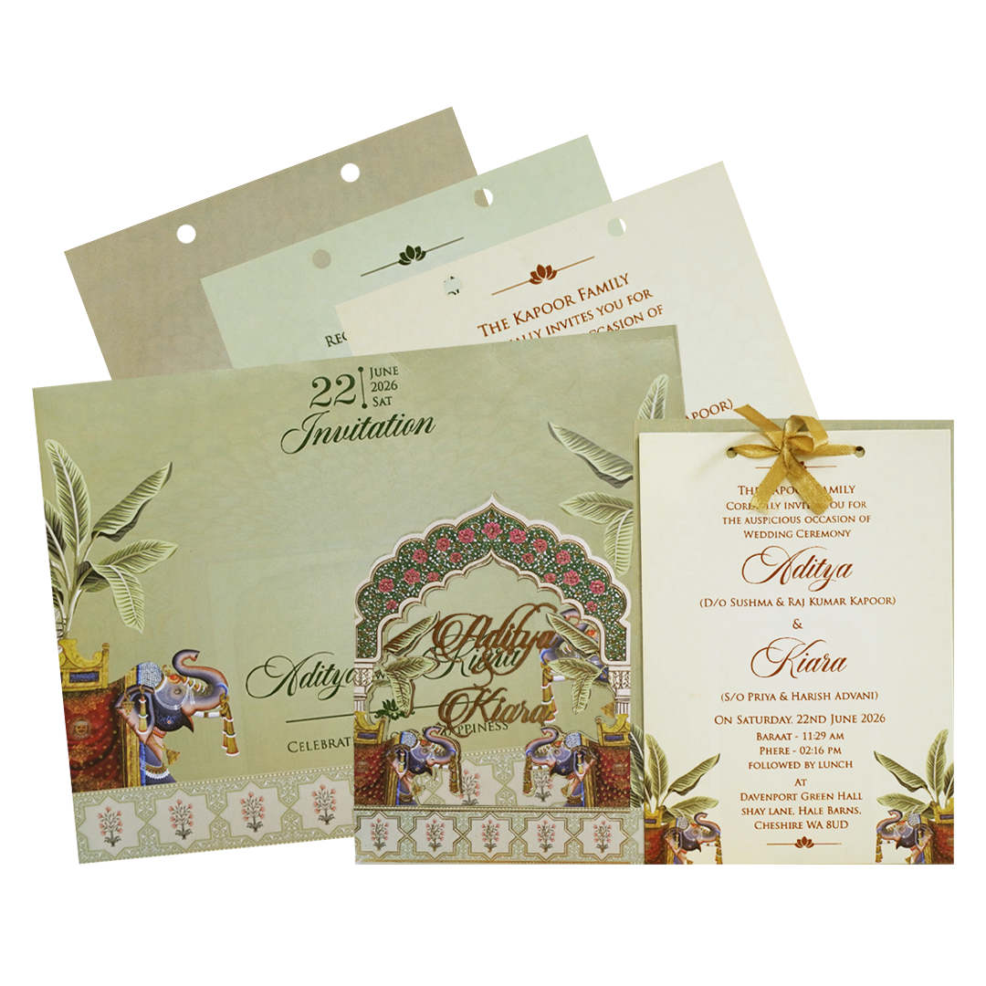 Green Arch Elephant Theme Wedding Card-KFR16070