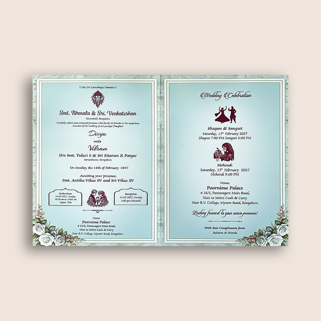 Pastel Blue Laser-Cut Floral Bag Style Wedding Card - KNAS3105