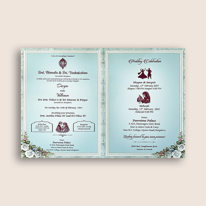 Pastel Blue Laser-Cut Floral Bag Style Wedding Card - KNAS3105