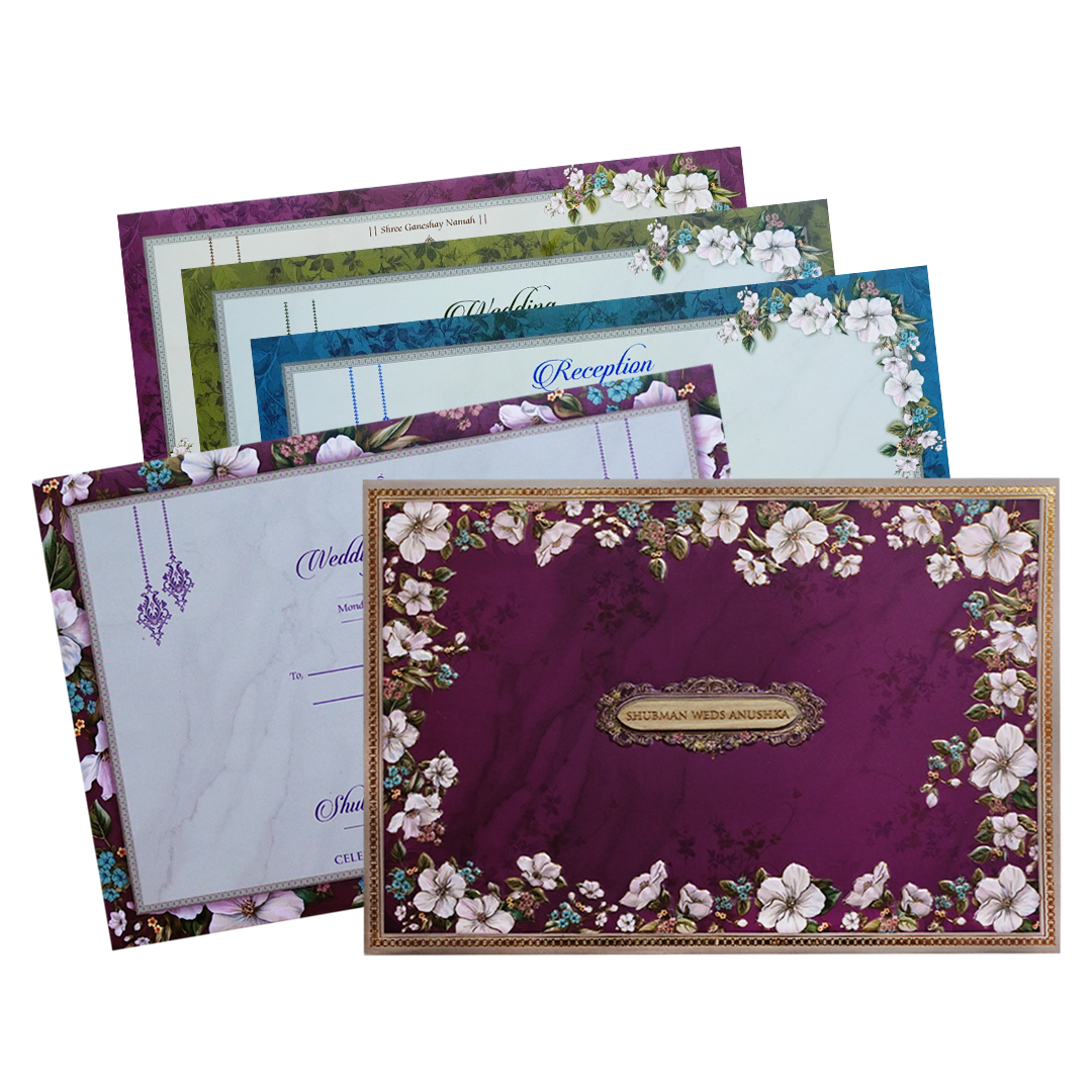 Purple Floral Padded Embossed Wedding Invitation Card-KRB09640