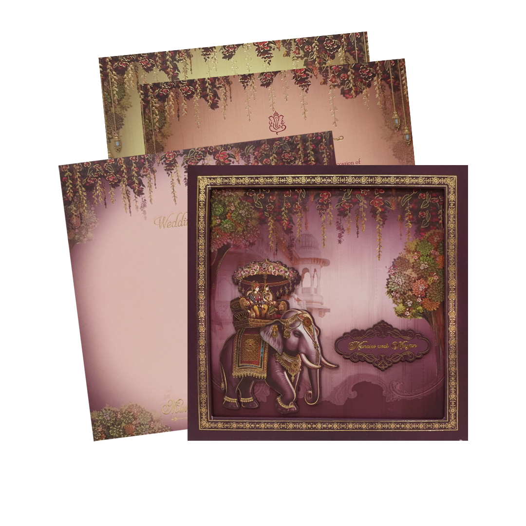 Purple Gold Elephant Palace Padded Wedding Card - KMMEX8030
