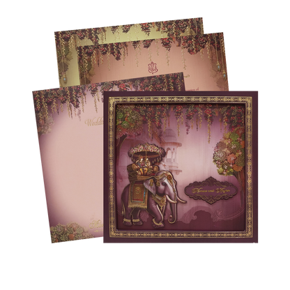 Purple Gold Elephant Palace Padded Wedding Card - KMMEX8030