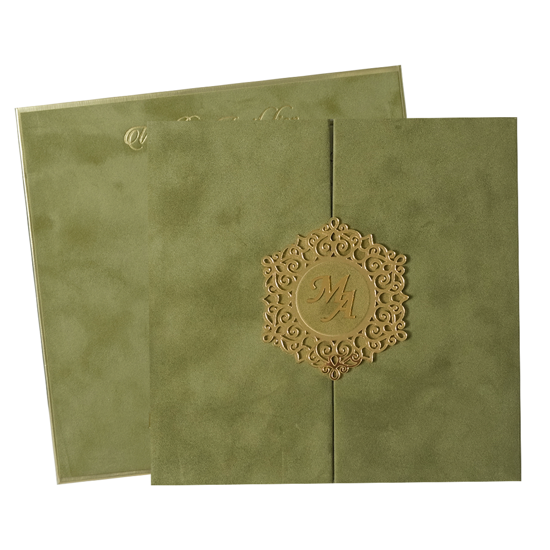 Check out Green Gatefold Padded Wedding Card at best price.WhatsApp Support |Express Delivery. | King of Cards.