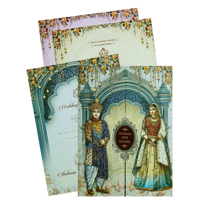 Shop Elegant Blue Doorstyle Wedding Card with luxurious gatefold design, ornate blue arches, and royal cutout details. ?WhatsApp Support ?Express Delivery.