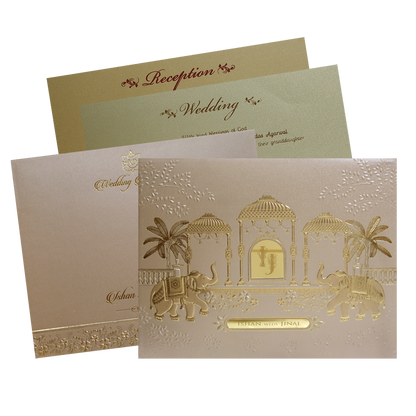 Beige Gold Padded Royal Elephant Embossed Wedding Card - KMMWD1108