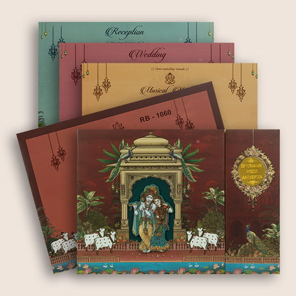 Maroon Lord Radha Krishna Door Style Padded Wedding Invitation - KRB10600