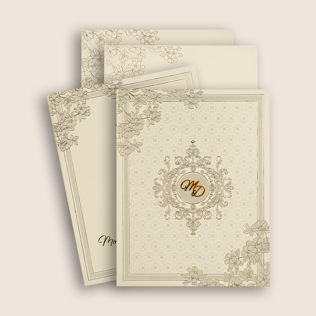 Beige Embossed Floral Padded Wedding Card - KPR010170