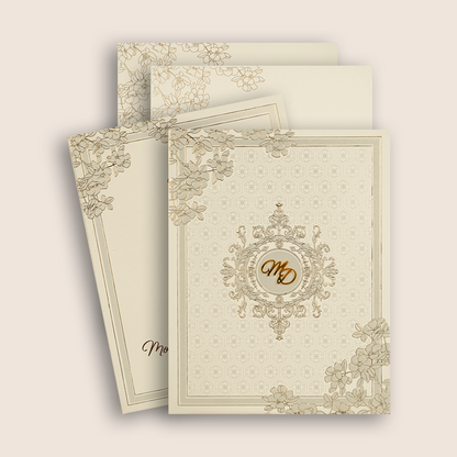 Beige Embossed Floral Padded Wedding Card - KPR010170